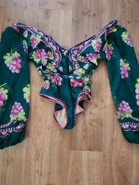 Green Floral Off-Shoulder Bodysuit with Pink Trim